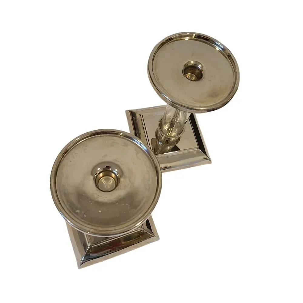 Set Of 2 Pottery Barn Amelia Pillar‎ Taper Candle Holder Chrome Glass Square